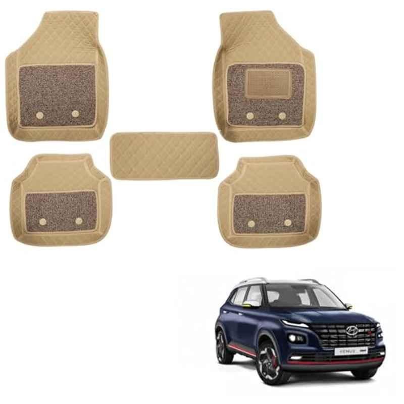 Kozdiko 5 Pcs Waterproof & Luxury 7D Beige Leatherette Car Floor Mats Set for Hyundai Venue N-Line