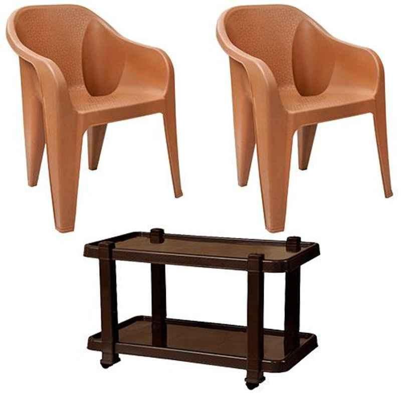 Italica 2 Pcs Polypropylene Camel Luxury Arm Chair & Nut Brown Table with Wheels Set, 2019-2/9509