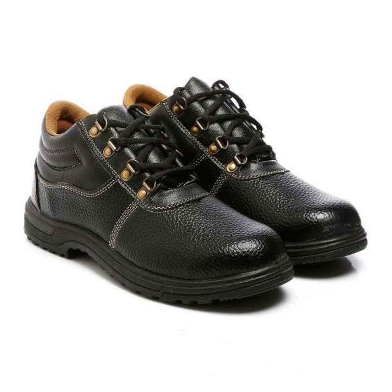 Unistar Leather Steel Toe PVC Sole Black Work Safety Shoes, Safety_02_Black, Size: 6