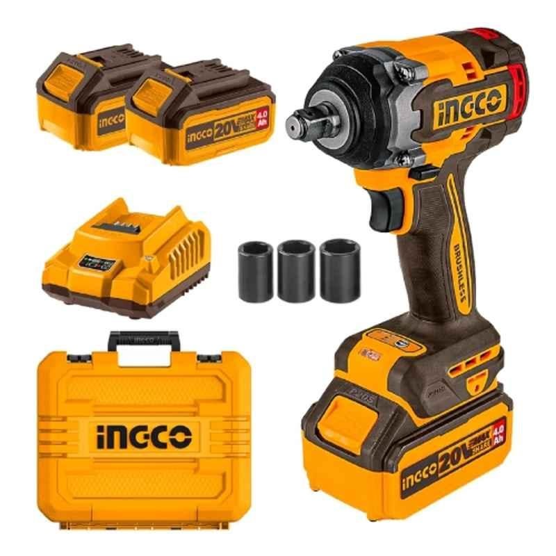 Ingco 1/2 inch 20V 650Nm Brushless Impact Wrench with 2 Batteries, Charger, Socket & Storage Box