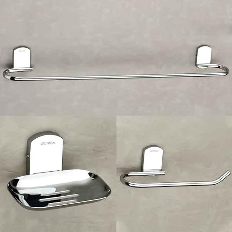 Plantex 3 Pcs Parv 304 Grade Stainless Steel Chrome Towel Rod for Bathroom/Soap Holder/Napkin Ring/Bathroom Accessories Set