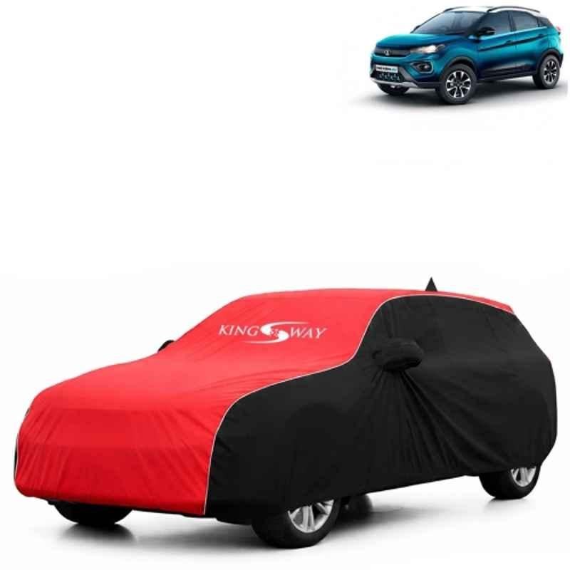 Kingsway Super Waterproof All Weather Protection Polypropylene Black & Red Car Cover for Tata Nexon EV 2020 to 2023 with Silver Piping, Mirror & Antenna Pockets