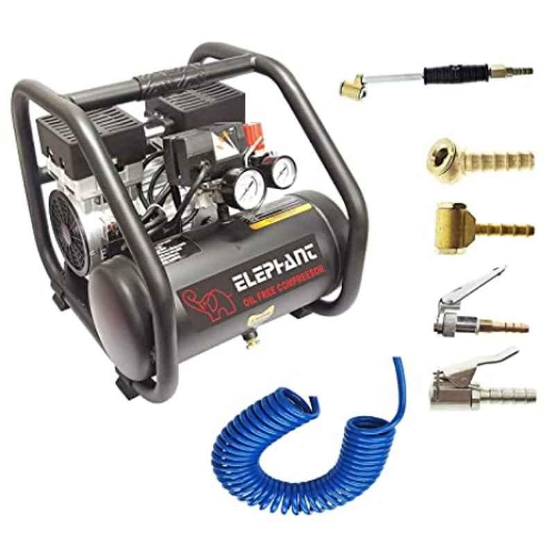 Elephant 1HP 6L Oil Free Air Compressor with 5 Pcs Air Inflators, PU Pipe & Fittings Set, AC6L