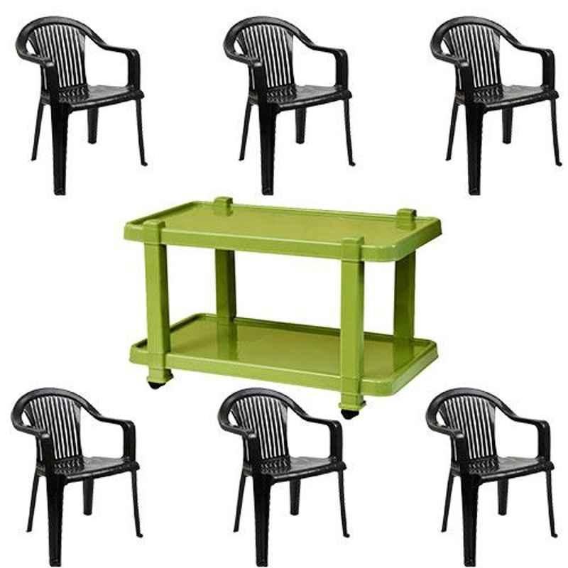 Italica 6 Pcs Polypropylene Black Premium Arm Chair & Green Table with Wheels Set, 9201-6/9509