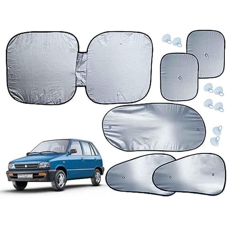 Auto Pearl 6 Pcs Polyester Black & Silver Window, Front & Rear Sun Shade Set for Maruti Suzuki Maruti 800