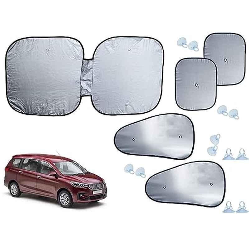 Auto Pearl 5 Pcs Polyester Black & Silver Window & Front Sun Shade Set for Maruti Suzuki Ertiga 2019