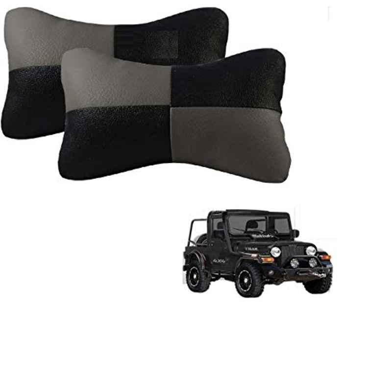 Kozdiko 2 Pcs Leather Grey & Black Neck Rest Car Cushion Pillow Set for Mahindra Thar