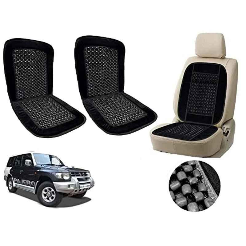 Auto Pearl PU, Velvet & Wooden Beads Black Rectangular Seat Cushion for Mitsubishi Pajero (Pack of 2 )