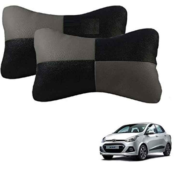 Kozdiko 2 Pcs Leather Grey & Black Neck Rest Car Cushion Pillow Set for Hyundai Xcent