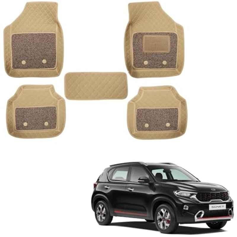 Kozdiko 5 Pcs Waterproof & Luxury 7D Beige Leatherette Car Floor Mats Set for Kia Sonet