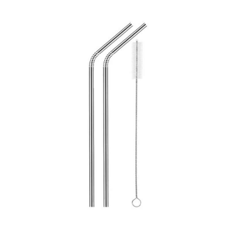 211cm Silver Reusable Bent Straight Straw with Brush (Pack of 2)