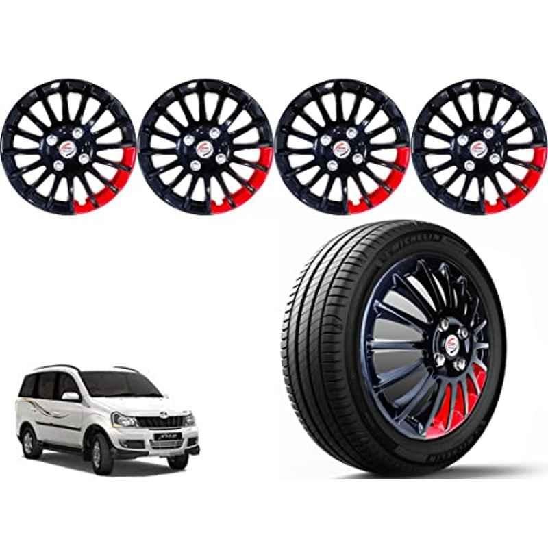 Auto Pearl 4 Pcs 15 inch ABS Black & Red Press Type Car Wheel Cover Set with Retention Ring for Mahindra Xylo
