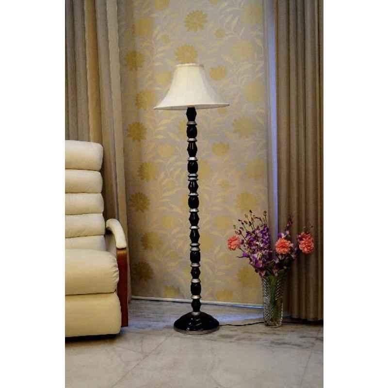 Tucasa Mango Wood Black & Silver Floor Lamp with Off White Conical Polycotton Shade, WF-34
