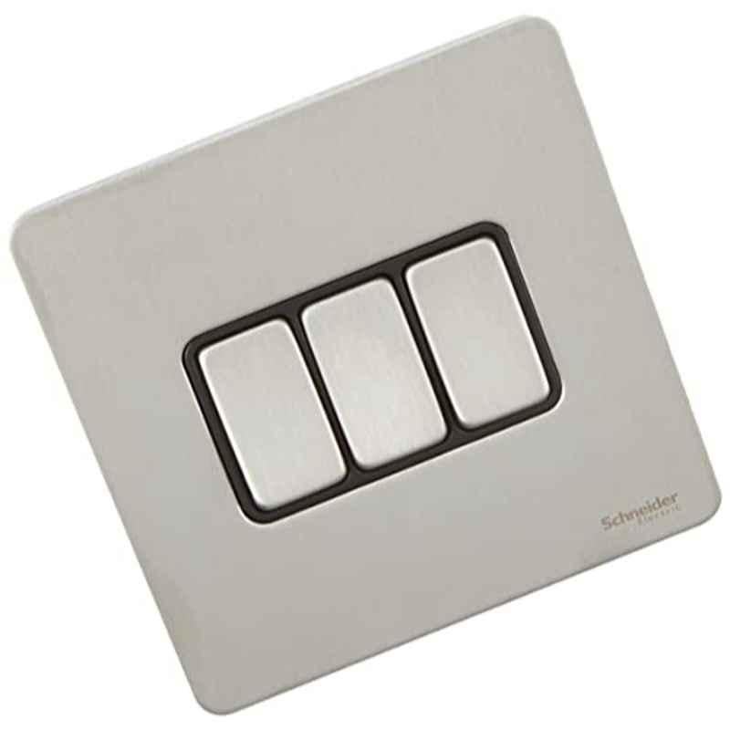 Schneider Electric Stainless Steel 3 Gang Screwless Rocker Flat Plate Switch, GU1432BSS