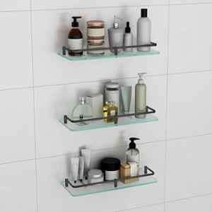 Plantex Frosted Glass Shelf for Bathroom/Shelf with Brass Railings and Brackets/Shelf for Living Room/Bedroom/Kitchen (Pack of 3) 15x6 inch, Black