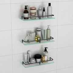 Plantex Frosted Glass Shelf for Bathroom/Shelf with Brass Railings and Brackets/Shelf for Living Room/Bedroom/Kitchen (Pack of 3) 15x6 inch, Black