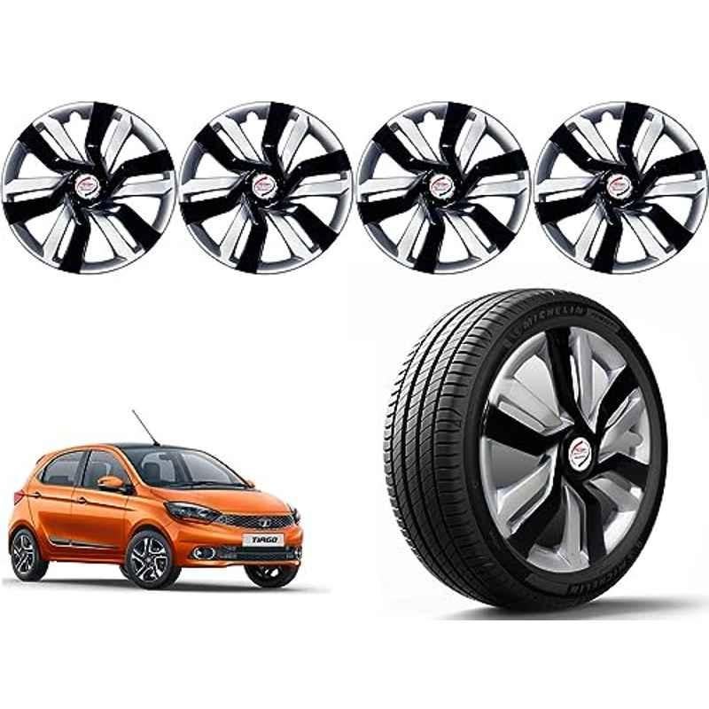 Auto Pearl 4 Pcs 14 inch Polypropylene Black & Silver Press Type Car Wheel Cover Set with Retention Ring for Tata Tiago XT & XZ 2019, 14WC_Idtec_Rev_Tiago2019XT_XZModel