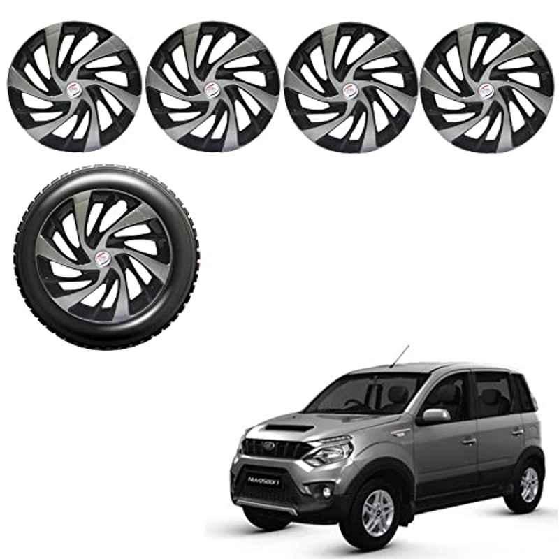 Auto Pearl 4 Pcs 15 inch Silver & Black ABS Press Type Hubcap Wheel Cover Set with Retention Ring for Mahindra Nuvo Sport