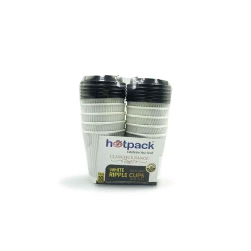 Hotpack 10Pcs 12Oz Paper Ripple Cup with Black Lid Set, HSMPCRW12W