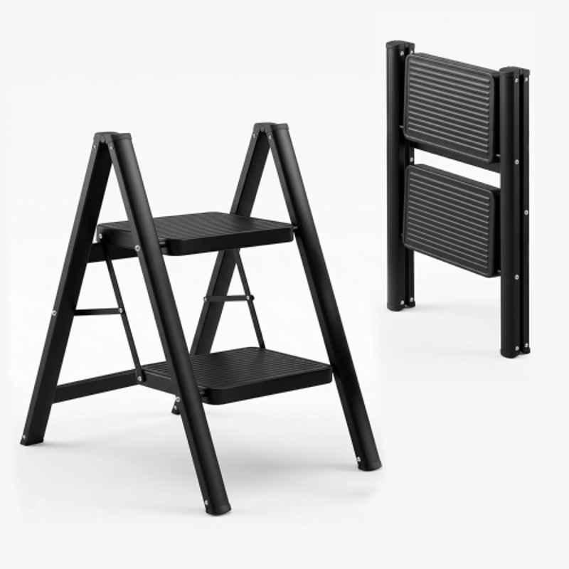 Corvids 150kg 2 Step Black Heavy Duty Carbon Steel Foldable Step Ladder with 2 Years Warranty, Anti-Slip Wide Steps, Portable Multipurpose Folding Step Ladder for Home, Kitchen & Office Use