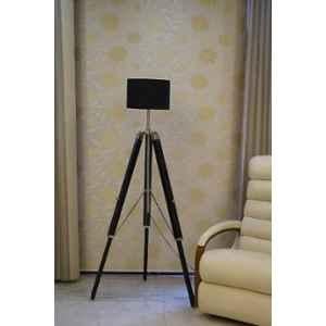 Tucasa Mango Wood Black Tripod Floor Lamp with Polycotton Black Shade, P-143