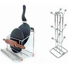 Niskoware Stainless Steel Silver Chrome Chakla Belan Rack & 12 Hooks Cup Stand Combo