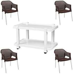 Italica 4 Pcs Polypropylene Tan Brown Plasteel Arm Chair & White Table with Wheels Set, 1209-4/9509
