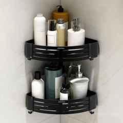 Plantex No Drill Bathroom Corner Shelves/Aluminium Self Adhesive Corner Shelf for Bathroom Wall/Bathroom Shelf Corner with Removable Hooks & Magic Stickers 9x9 inch Matte Black (Pack of 2)
