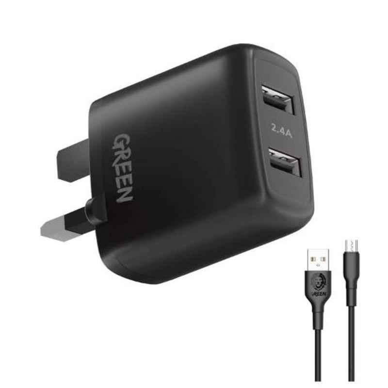 Green Lion 12W UK 1.2m Black Dual USB Port Wall Charger with PVC Micro USB Cable, GNC24AMCRBK