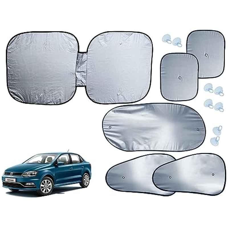 Auto Pearl 6 Pcs Polyester Black & Silver Window, Front & Rear Sun Shade Set for Volkswagen Ameo