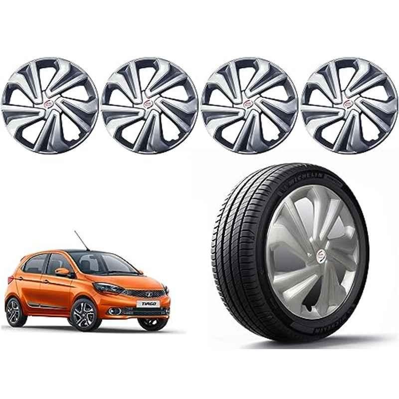 Auto Pearl 4 Pcs 14 inch Polypropylene Silver Press Type Car Wheel Cover Set with Retention Ring for Tata Tiago XT & XZ 2019, 14WC_Tiago_Silver_Tiago2019XT_XZModel