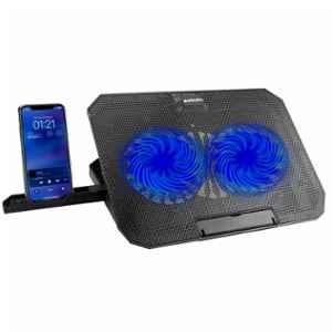 Zebion ZEFER Z5 Black Dual Fan Laptop Cooling Pad with Mobile Stand, Blue LED Light & Adjustable Height