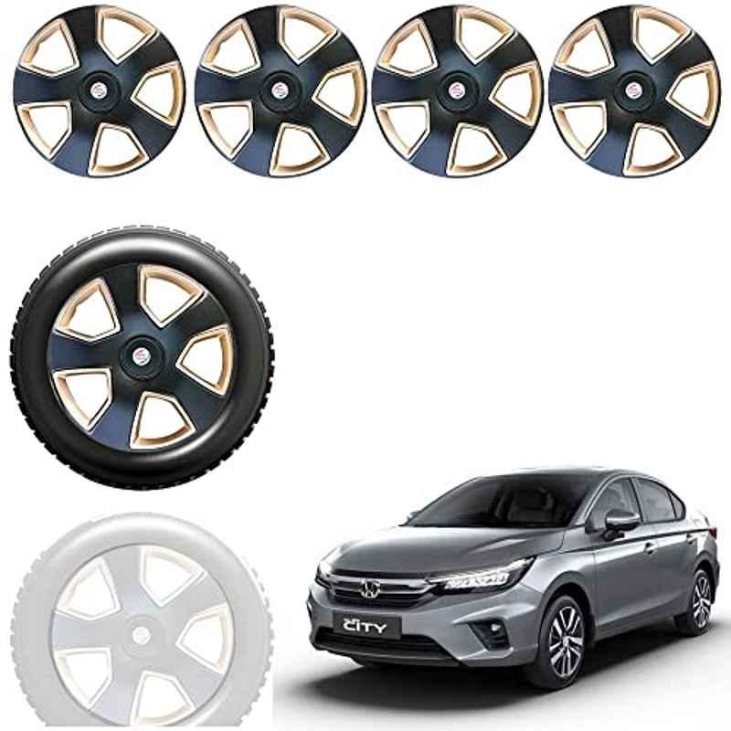Auto Pearl 4 Pcs 15 inch Black & Golden ABS Press Type Hubcap Wheel Cover Set with Retention Ring for Honda City