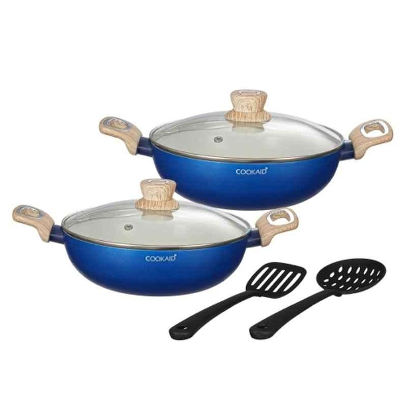Cookaid Velora 2 Pcs 2 & 2.5 Litre Aluminium RV Blue Ceramic Coated Kadhai Set with Glass Lid & Nylon Tool, CKD-CC-K2-24
