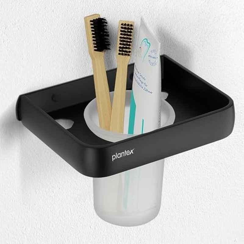 Plantex Self Adhesive Aluminium Toothbrush Holder/Tumbler Holder for Bathroom/Toothpaste/Razor Holder/Tooth Brush Holder/Bathroom Accessories Black