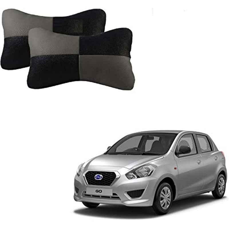Kozdiko 2 Pcs Leather Grey & Black Neck Rest Car Cushion Pillow Set for Datsun Go