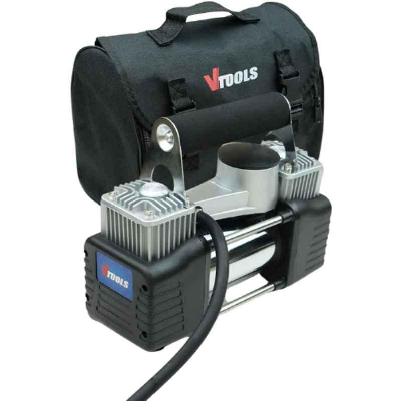VTOOLS 150PSI 12V Silver Double Cylinder Heavy Duty Tire Inflator with 3 Nozzles, VT1306