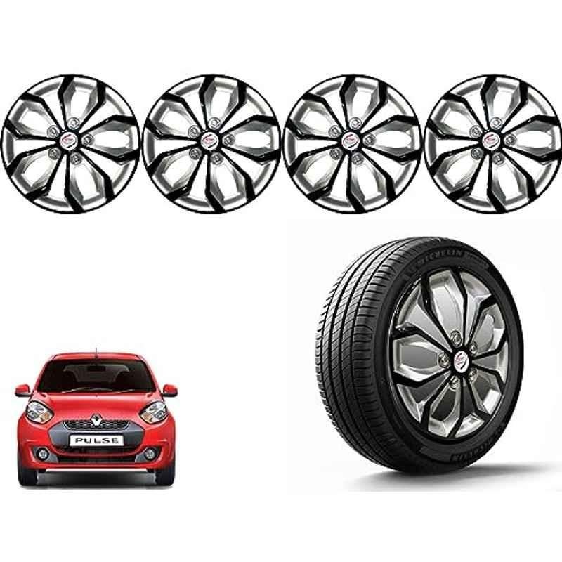 Auto Pearl 4 Pcs 14 inch Polypropylene Black & Silver Press Type Car Wheel Cover Set with Retention Ring for Renault Pulse, 14WC_Pearl_Rev_Pulse