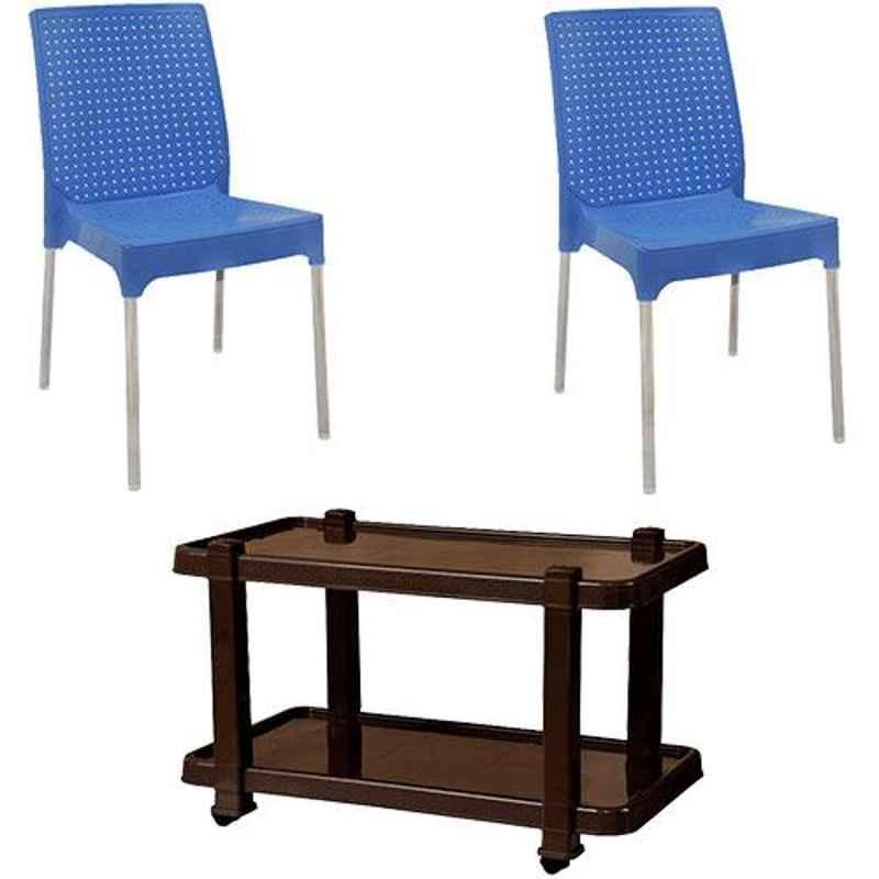 Italica 2 Pcs Polypropylene Light Blue Plasteel without Arm Chair & Nut Brown Table with Wheels Set, 1206-2/9509