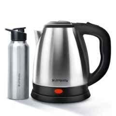 Longway Kestro 1.5 Litre 1500W Stainless Steel Silver & Black Electric Kettle with Water Bottle Combo & 2 Years Warranty