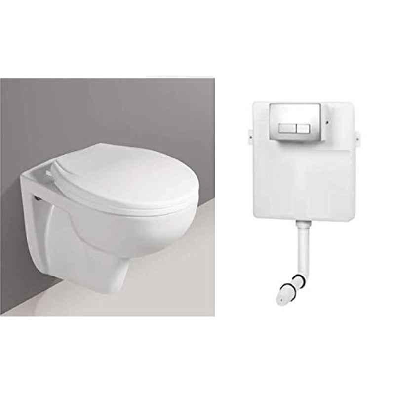 InArt Ceramic White Wall Mounted Concealed Cistern Tank & Commode with Hydraulic Seat Cover Combo, INA-284