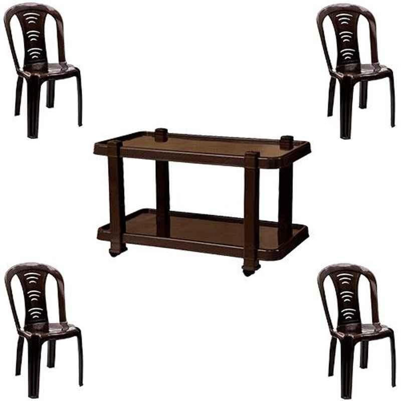 Italica 4 Pcs Polypropylene Nut Brown Without Arm Chair & Nut Brown Table with Wheels Set, 9306-4/9509