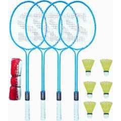STYRKR Alloy Steel Blue Badminton Racquet Set of 4 Steel Frame with Shuttlecocks & Net