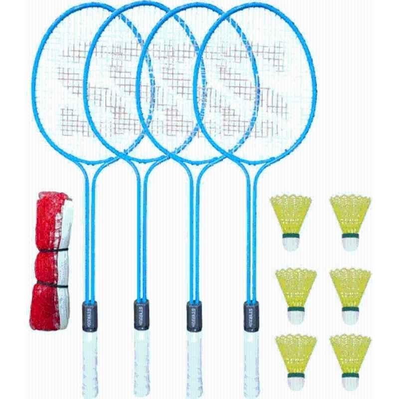 STYRKR Alloy Steel Blue Badminton Racquet Set of 4 Steel Frame with Shuttlecocks & Net