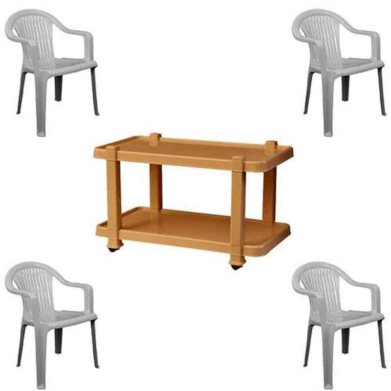 Italica 4 Pcs Polypropylene Marble Grey Premium Arm Chair & Marble Beige Table with Wheels Set, 9201-4/9509