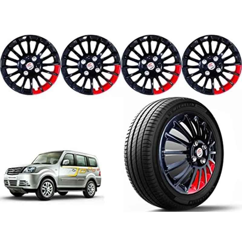 Auto Pearl 4 Pcs 15 inch ABS Black & Red Press Type Car Wheel Cover Set with Retention Ring for Tata Sumo Grande