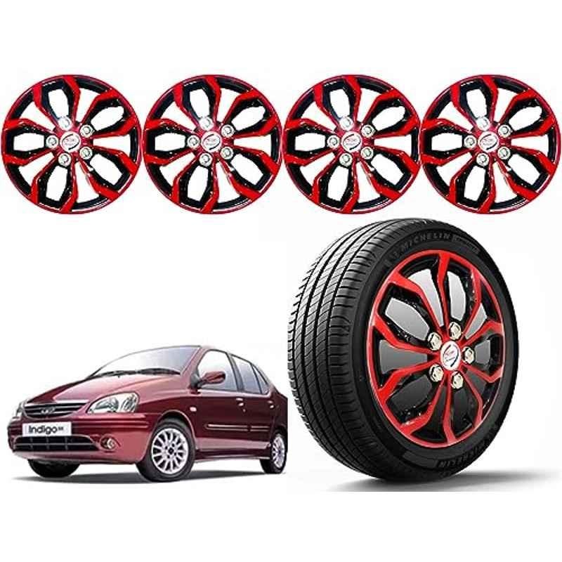 Auto Pearl 4 Pcs 14 inch Polypropylene Red & Black Press Type Car Wheel Cover Set with Retention Ring for Tata Indigo 2002