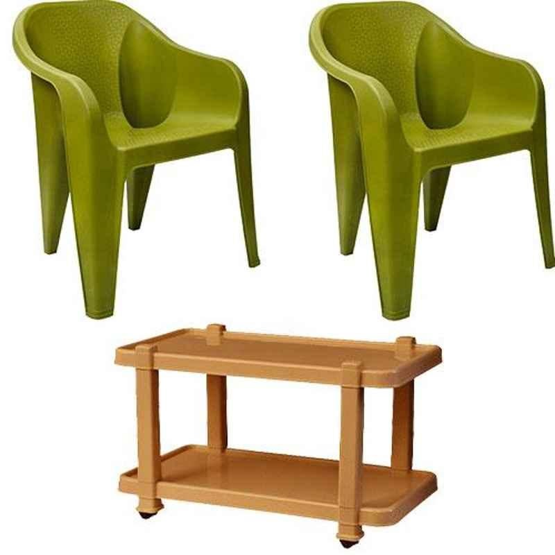 Italica 2 Pcs Polypropylene Olive Green Luxury Arm Chair & Marble Beige Table with Wheels Set, 2019-2/9509