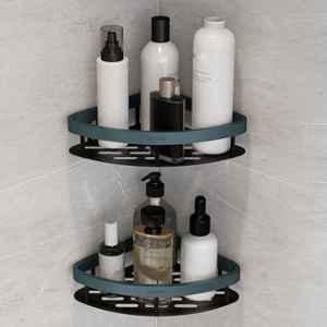 Plantex Self Adhesive Corner Shelf for Bathroom Wall/Aluminium & Stainless Steel Corner Rack/Storage Organizer/Bathroom Accessories Set (Pack of 2) 8x8 inch, Cadet Blue & Black