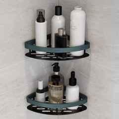 Plantex Self Adhesive Corner Shelf for Bathroom Wall/Aluminium & Stainless Steel Corner Rack/Storage Organizer/Bathroom Accessories Set (Pack of 2) 8x8 inch, Cadet Blue & Black